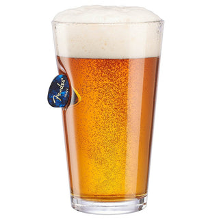 BenShot Guitar Pick Glasses featuring a pint of beer with a blue guitar pick attached to the glass.