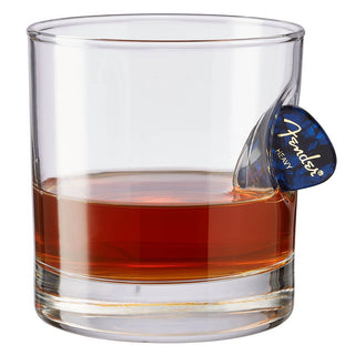 BenShot Guitar Pick Glasses featuring a clear glass with a guitar pick embedded in the side, filled with amber liquid.