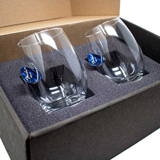 BenShot guitar pick glasses in a gift box with protective foam, featuring two clear, curved drinkware pieces.
