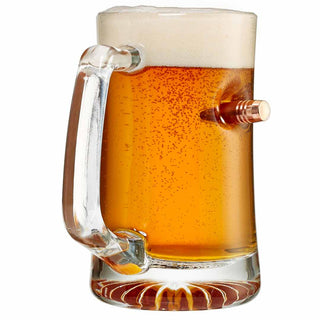 BenShot MugShot beer mug, 24oz, featuring a clear glass design with a copper bullet embedded in the side.