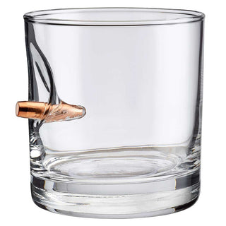 BenShot 11oz rocks glass featuring a copper bullet embedded in the side, clear glass with a smooth finish.
