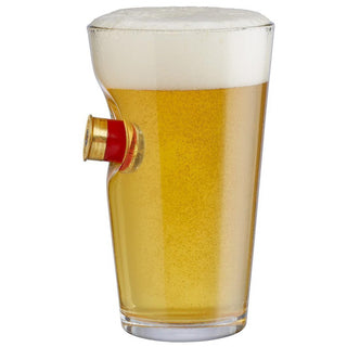 BenShot shotgun shell glasses with a beer inside, featuring a bullet casing embedded in the side.