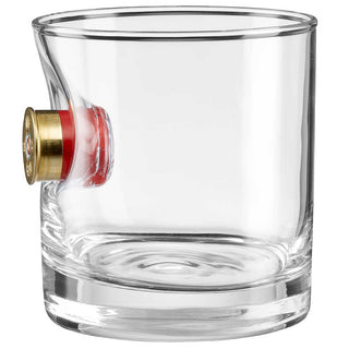 BenShot shotgun shell glasses with a clear glass body and a red shotgun shell design on the side.
