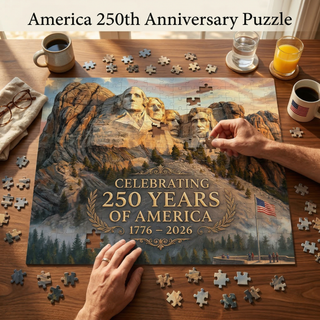 Mount Rushmore 250th Anniversary jigsaw puzzle with hands assembling pieces on a wooden table, featuring scenic artwork.