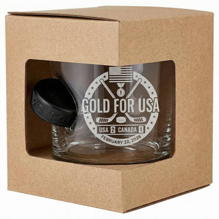 USA Men's Hockey Wins Gold - Hockey Puck Embedded Limited Edition Glassware