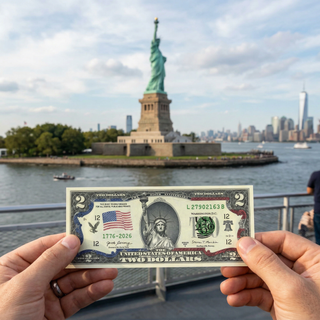 USA 250th Anniversary $2 bill held in front of the Statue of Liberty, with Manhattan skyline in the background.