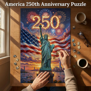 Jigsaw puzzle of the Statue of Liberty and American flag with '250' and fireworks, on a wooden table.