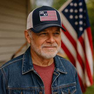 45th & 47th President flag hat with navy blue front, white mesh back, worn by a man in a denim jacket, American flag in ba...