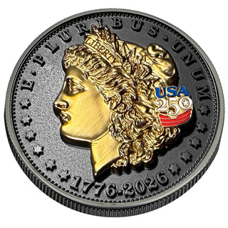 3D Morgan Silver Dollar Tribute Coin With USA 250 Privy Mark (Black Ruthenium & 24k Gold) — commemorative collectible coin, view 2