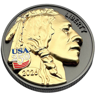3D American Buffalo Indian Head Tribute Coin With USA 250 Privy Mark (Black Ruthenium & 24k Gold) — commemorative collectible coin, view 2
