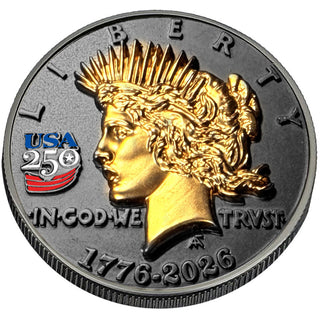 3D Peace Dollar Tribute Coin With USA 250 Privy Mark (Black Ruthenium & 24k Gold) — commemorative collectible coin, view 2