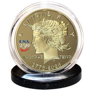 America's 250th Anniversary Peace Dollar golden proof coin displayed in a clear protective case with a black base.
