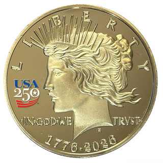 America's 250th Anniversary Peace Dollar golden proof coin featuring a profile of Liberty with the date 1776-2026.