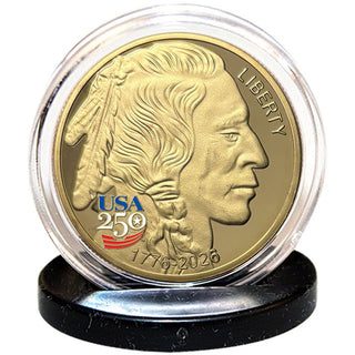 America's 250th Anniversary Buffalo Indian golden proof coin featuring a Native American profile in a clear display case.