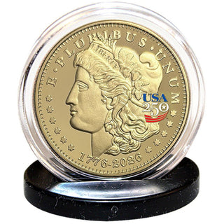America's 250th Anniversary Morgan Dollar Golden Proof Coin in a protective case, featuring a profile of Liberty.