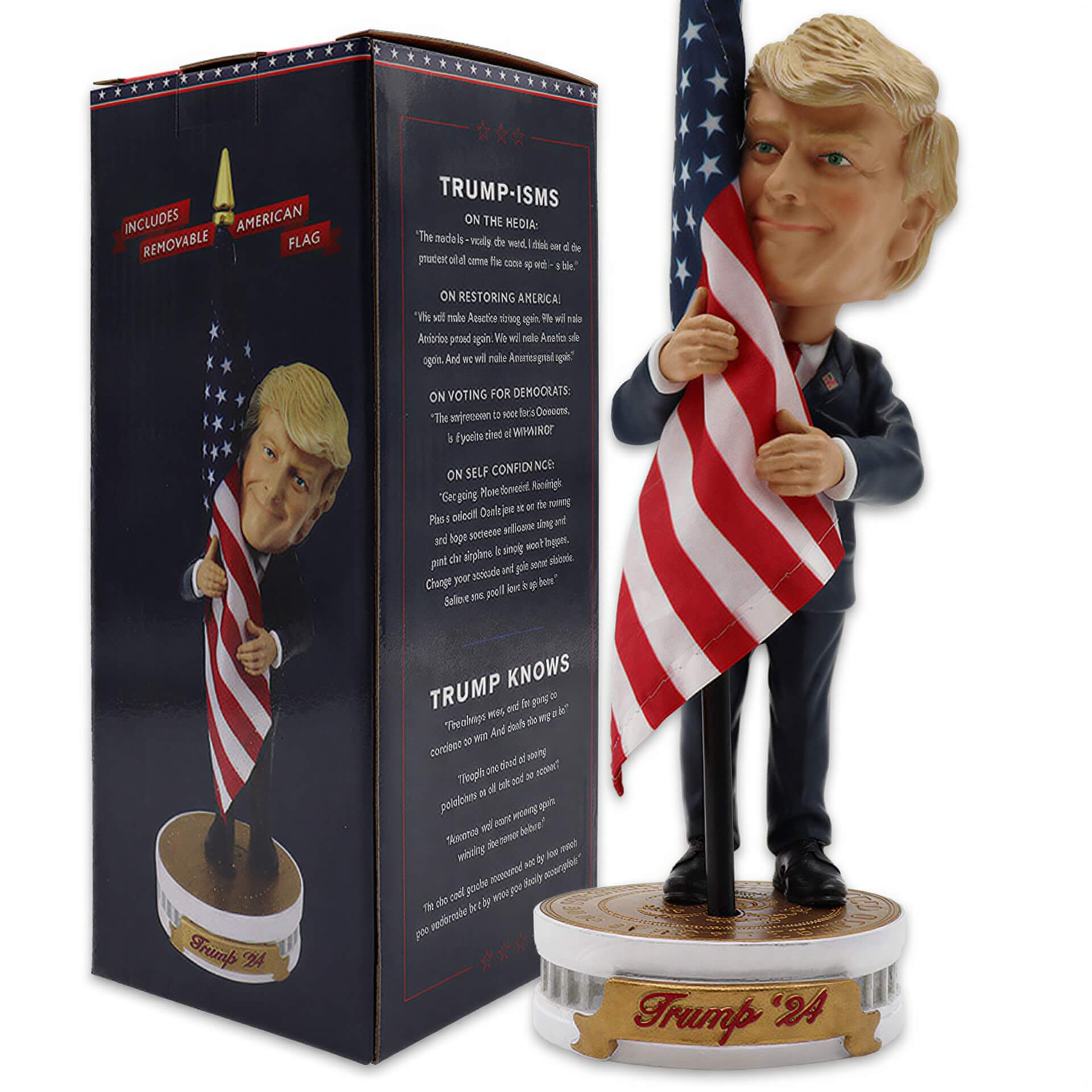 President Trump bobblehead holding an American flag, wearing a suit, with a detailed base and packaging.