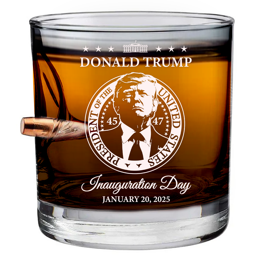 Bulletproof whiskey glass featuring Donald Trump, with a bullet design and "Inauguration Day January 20, 2025" inscription.