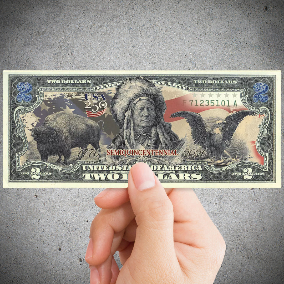 USA 250th Anniversary $2 Bill – Black Eagle, Indian Chief & American Bison | Genuine Legal Tender