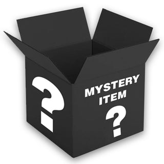 Black box with an open top, labeled "Mystery Item" in white text and question marks on the sides.