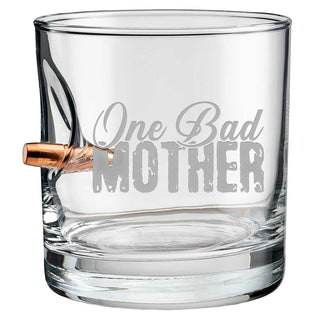 Clear glass tumbler with "One Bad Mother" etched in bold gray letters and a copper accent on the side.