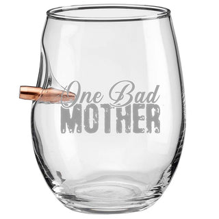 Clear stemless glass featuring the text "One Bad Mother" in bold lettering with a copper accent.