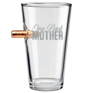 Clear glass tumbler with a bullet design and the text "One Bad Mother" printed on the side.