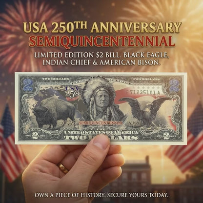USA 250th Anniversary $2 Bill – Black Eagle, Indian Chief & American Bison | Genuine Legal Tender