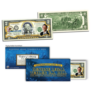 Genuine legal tender U.S. $2 bill featuring Ronald Reagan, displayed with a certificate of authenticity and holder.