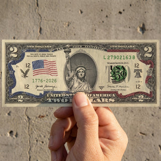 USA 250th Anniversary $2 bill featuring the Statue of Liberty, held in a hand against a concrete background.