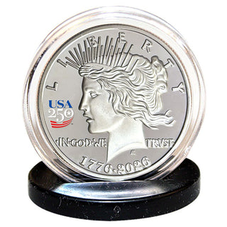 America's 250th Anniversary Peace Dollar in a clear display case, featuring a silver coin with Liberty design and USA 250 ...