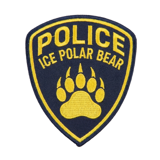 Police patch featuring "ICE POLAR BEAR" text and a yellow paw print on a navy blue shield background.