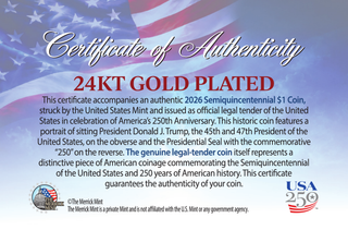 Certificate of Authenticity (back) - America's 250th Anniversary Trump $1 Coin - 24K Gold Edition