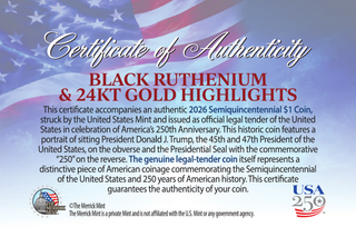 Certificate of Authenticity (back) - America's 250th Anniversary Trump $1 Coin - Black Ruthenium & 24K Gold Edition