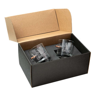 Trump whiskey glass set in a black gift box, featuring two glasses with "Bullet for Democracy" etched design.
