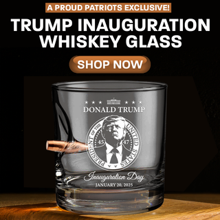 Trump inauguration whiskey glass featuring a bullet design, with text and a clear glass finish.