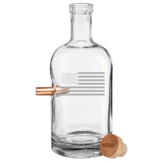 Clear glass decanter with US flag design, 750mL capacity, featuring a copper bullet spout and wooden stopper.