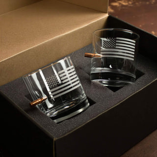 US flag rocks glass set, 11oz, featuring etched flag design, presented in a black gift box with foam insert.
