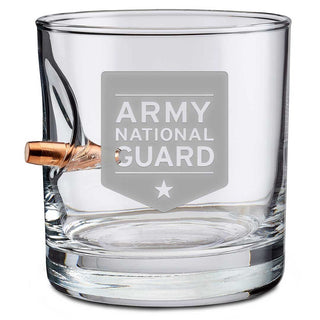 Clear glass whiskey tumbler featuring an engraved Army National Guard logo and a bullet design on the side.