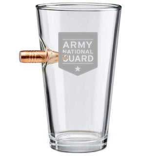 Clear glass drinking tumbler featuring a copper bullet design and an Army National Guard logo.