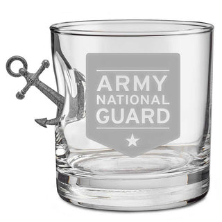 US military glasses featuring an anchor design and engraved "Army National Guard" on a clear glass tumbler.