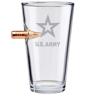 Clear glass drinking glass featuring a bullet design and U.S. Army star logo.