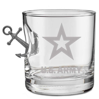Clear glass tumbler featuring a U.S. Army logo and an anchor design on the side.