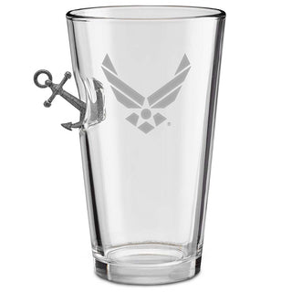 US military glasses featuring a clear design with an anchor handle and Air Force emblem etched on the side.