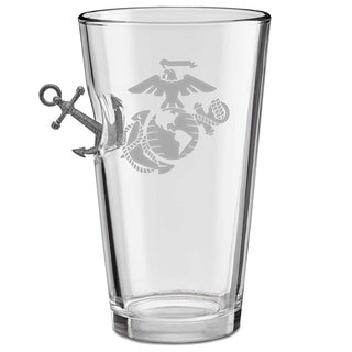 US military glasses featuring an anchor design and an eagle emblem, made of clear glass with a sturdy base.
