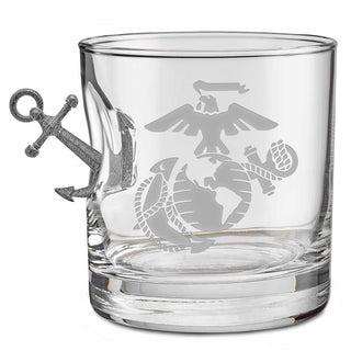 US military glasses featuring an anchor design and eagle emblem, clear glass with a thick base.