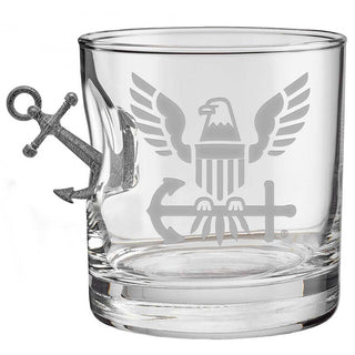 US military glasses featuring an eagle emblem and anchor design, clear glass with a unique anchor-shaped handle.