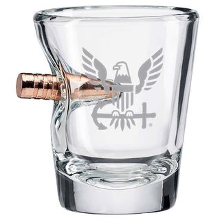 US military glasses featuring a bullet design, clear glass with an eagle emblem, and a unique bent shape.