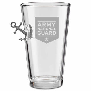 Clear glass drinking cup featuring an Army National Guard emblem and an anchor design on the side.