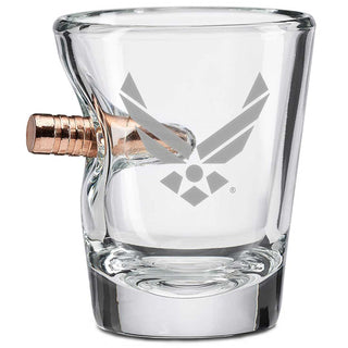 US military glasses featuring a unique design with a copper bullet and Air Force logo on a clear glass shot glass.
