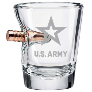 Clear glass shot glass with a bullet design and U.S. Army logo engraved on the side.